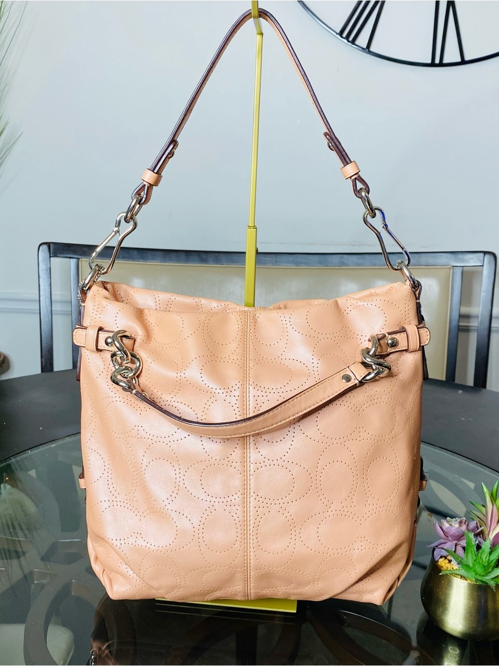 Coach Brooke Perforated Signature Leather Convertible Hobo Shoulder Bag Peach
